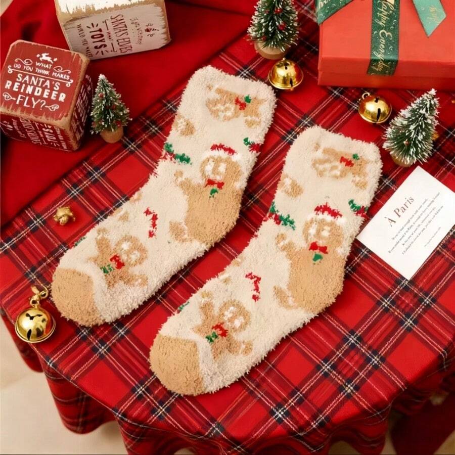1 Pair Unisex Gingerbread Coral Fleece Socks, Comfortable Warm Mid-Calf Socks With Holiday Patterns, 95% Polyester, 5% Spandex, Suitable For Home Wear And Holiday Gifts - Multicolor - View 1
