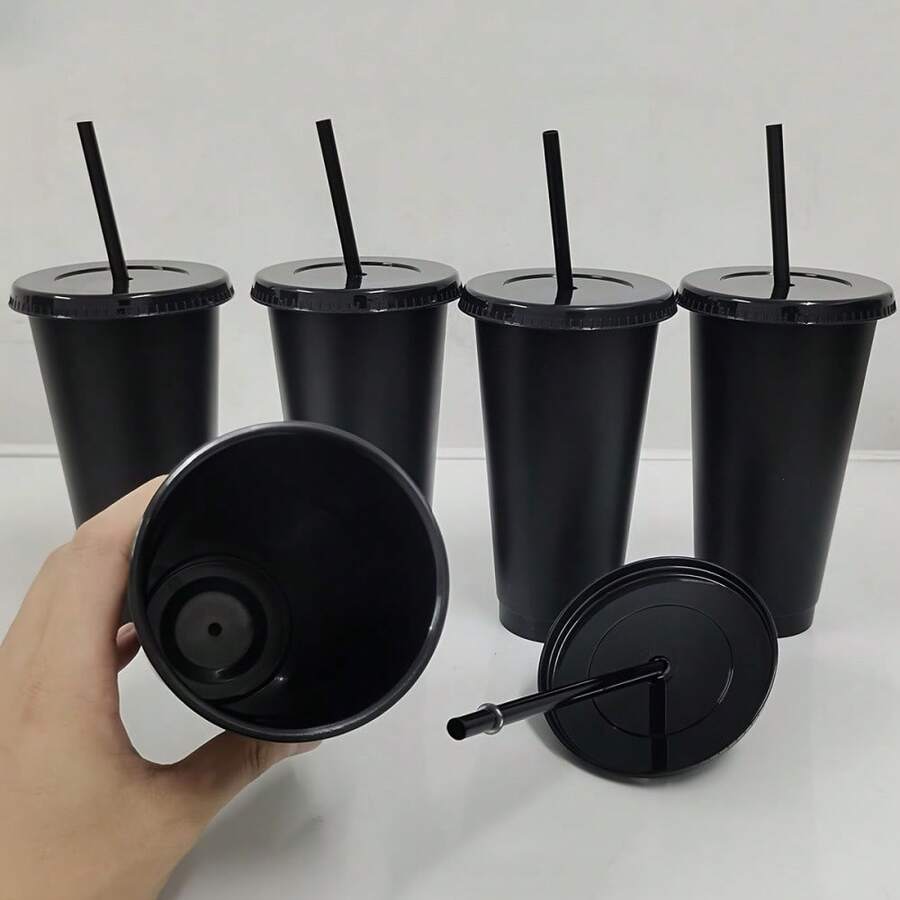 5pcs 24oz Reusable Plastic Cups With Straw And Lid, Durable Water Cup Tumbler, 710ml Large Capacity Lightweight For Carrying, Iced Coffee Straw Cup, Large Water Bottle Travel Cup, Summer Party Bulk Cold Drinks, Suitable For Adults, Perfect For Halloween Party, Birthday And Christmas Gifts - 透明 - 查看 1