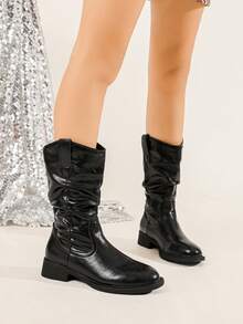 Herbst/Winter 2025 Neue schwarze westliche Vintage vielseitige Stiefel bis zur Mitte des Wades für Frauen, Schlupfstiefel, runde Zehenpartie, plissiert, flach, bequem, geeignet für Feiertage & Outdoor, auch in retro Braun erhältlich, Modestiefel