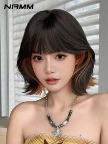 NAMM 12 Inches Black-Brown Highlight Orange Curly Wig With Bangs For Women Fashion Short Curly Wig With Bangs,Natural Looking Heat Resistant Fiber Wig For Girl Daily- Sakura Celebrations Glam & Party Streetwear Photography - Girls Gift Wig Accessories Wig Accessories - 棕色 - 查看 3