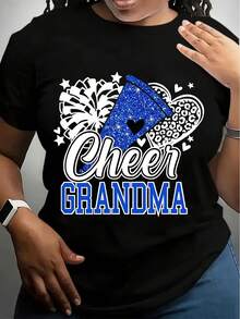 Cheer Grandma Vintage-Inspired Graphic T-Shirt- Women'S Casual Short Sleeve Crew Neck Top, Breathable Blend, Machine Washable, Black With Blue Cheerleader Print Design, Everyday Tshirt Cheerlead - Black - View 1