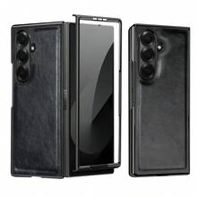 VIETAO 时尚电镀材质复古仿皮手机壳适用于三星 Galaxy Fold 2 3 4 5 6 7 5g 保护手机壳带钢化玻璃屏幕保护膜 - 黑色 - 查看 1