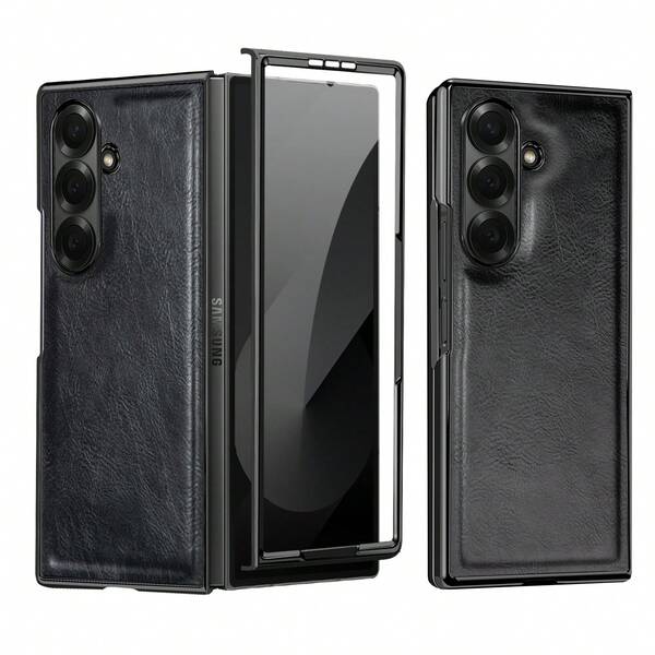VIETAO 时尚电镀材质复古仿皮手机壳适用于三星 Galaxy Fold 2 3 4 5 6 7 5g 保护手机壳带钢化玻璃屏幕保护膜