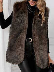 女士优雅仿毛皮无袖长款背心，纯色常规款开衫背心，女士冬季度假服装 - 咖啡棕 - 查看 3