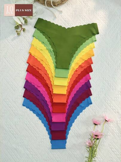 10 piezas Bragas de bikini con estampado sexy y cómodo con ribete ondulado para mujer de talla grande