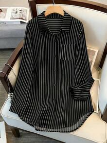 女士长袖单排扣休闲宽松条纹长衬衫 - 黑色 - 查看 8