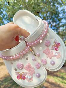14pcs Shoe Accessories, Suitable For Hollow Sandals, Slippers, Garden Shoes, Beach Shoes, DIY Bowknot, Pink Bear, Heart Shape, Removable ABS Pearl Decorations, Ideal For Holiday And Birthday Gifts