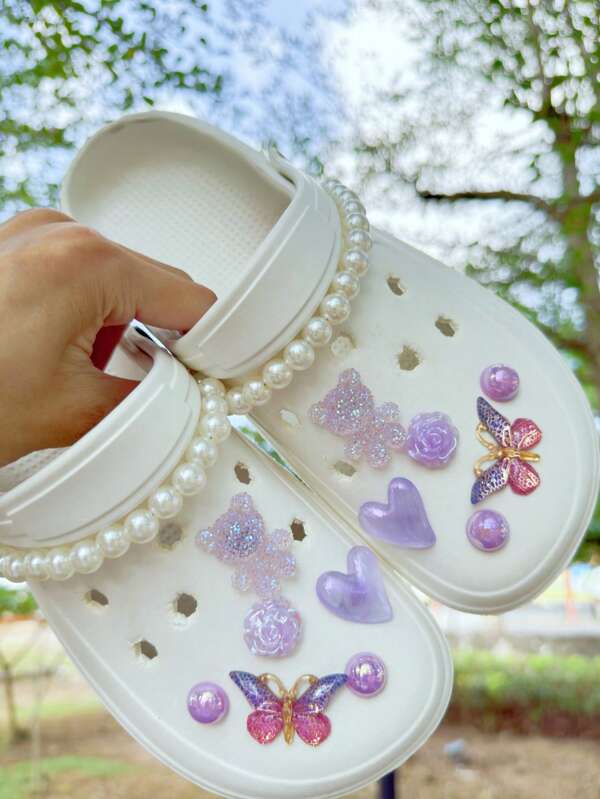 14pcs Shoe Accessories, Suitable For Hollow Sandals, Slippers, Garden Shoes, Beach Shoes, DIY Bowknot, Pink Bear, Heart Shape, Removable ABS Pearl Decorations, Ideal For Holiday And Birthday Gifts