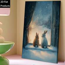 Graphic Art Decoration Winter Snow Scene Canvas Wall Light Brown And White Rabbit On Window Sill, Dark Blue Night Snowflakes Floor Poster, Wrap Frame Modern Home Decor, Suitable For Bedroom, Living Room, Office Cozy Winter Rabbit Painting - White - View 2