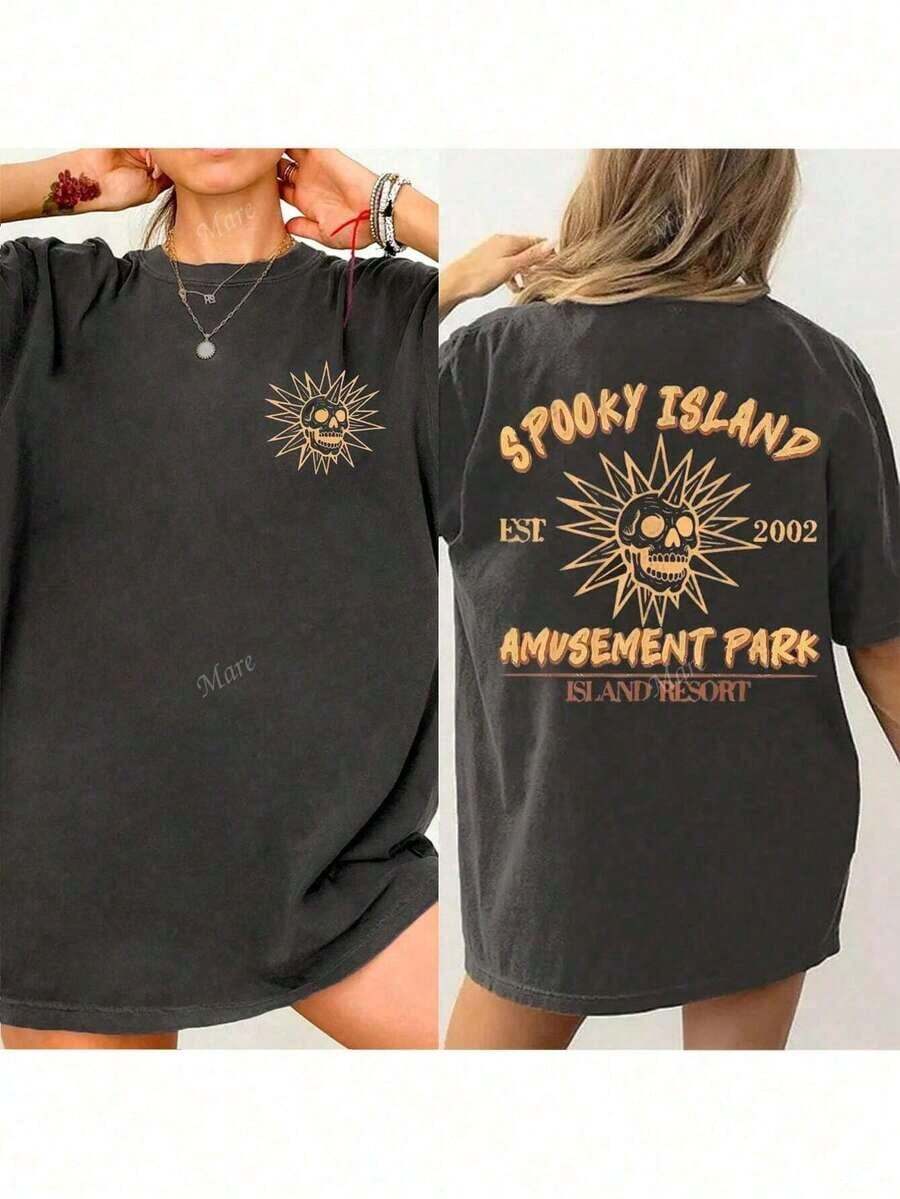 Spooky Island Amusement Park Retro Halloween Skull Graphic Oversized Crew Neck Short Sleeve T-Shirt, Nightmare Before Christmas Graphic Tee, Casual Loose Fit Fall Clothes For Women  Printed T-Shirt Retro Pattern Fashionable Style Limited Edition Hot Recommendation - 深灰色 - 查看 1