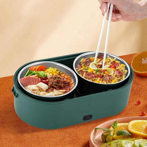 Portable Electric Heated Lunch Box USB-Powered For Car & Home, 800ml  304 Stainless Steel Bento Food Warmer With 2 Removable Bowls, 5V 12W Water-Free Heating, Quiet Operation