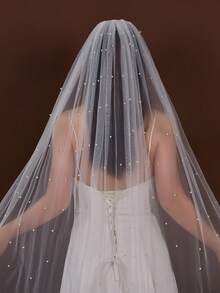 1pc Short Faux Pearl Bridal Veil, Suitable For Women's Wedding, Wedding Photography Prop, With Hair Comb - Beige - View 3