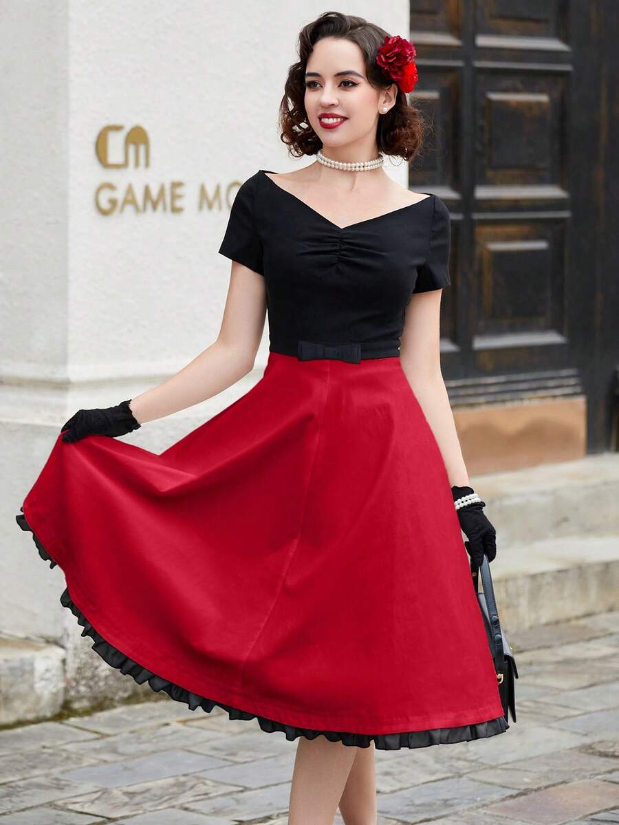 1950s Retro Dual-Color A-Line Party Dress - Red - View 1