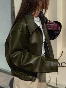 1pc Women's Solid Color Fashionable Loose Matte Leather Jacket Coat, Autumn/Winter - Dark Green - View 4