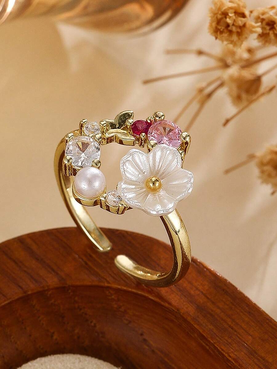 1 pieza Anillo de mujer con diseño único de mariposa y flor con micro-incrustaciones de circonita, joyería de dedo dulce