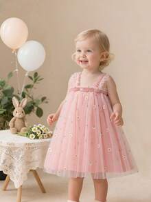 Elegantes & süßes ärmeloses Kleinkind-Mädchen-Kleid mit Gänseblümchen-Stickerei, aus Mesh in Rosa, bequem, geeignet für Urlaub, Geburtstag, Party, Fotoshooting, Weihnachten