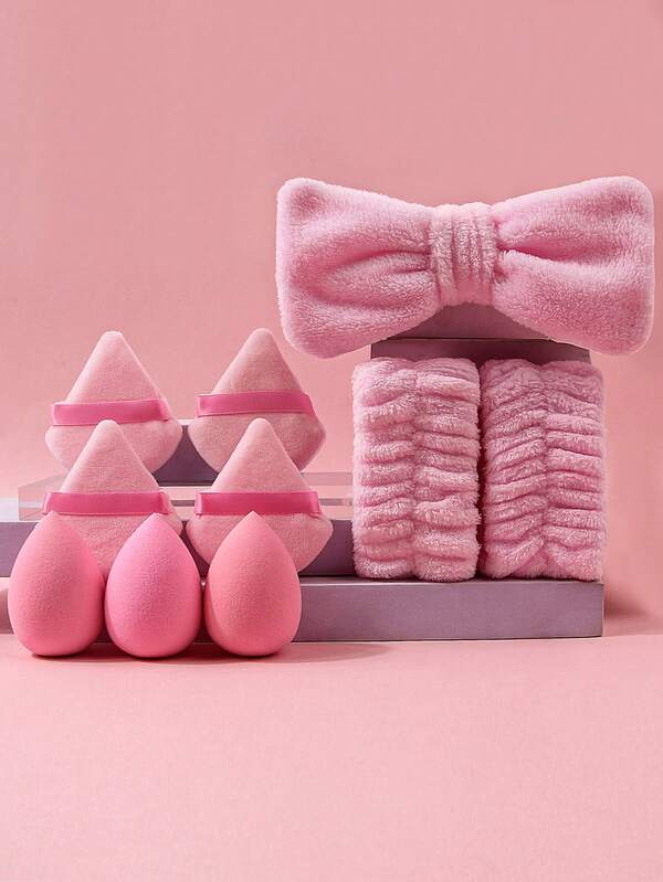 3/4/10 pezzi Set super morbido, include: Fascia per capelli/polsino assorbente a fiocco e set di spugne per trucco dual-use non grumose, facili da pulire