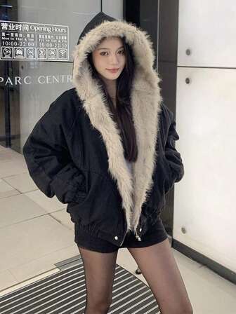 女士冬季外套，休闲优雅美式风格冬季上衣，毛领保暖加厚羽绒服，冬季穿搭，蓬松外套