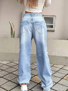 Women's Fashionable Minimalist Straight-Leg Jeans, Suitable For Daily Commute And Back-To-School Season, Autumn/Winter - Blue - View 2