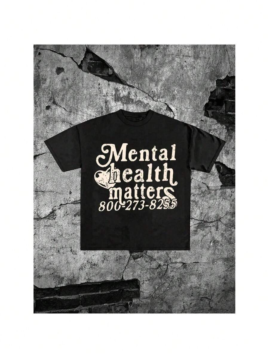 T-shirt à manches courtes col rond en coton imprime 220g "Mental Health Matters" pour hommes, mode d'ete - Noir - Voir 1
