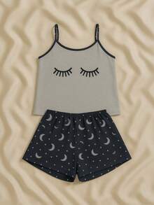 Women's Silk Print Short Doll Pajamas With Comfortable Straps - Grey - View 2