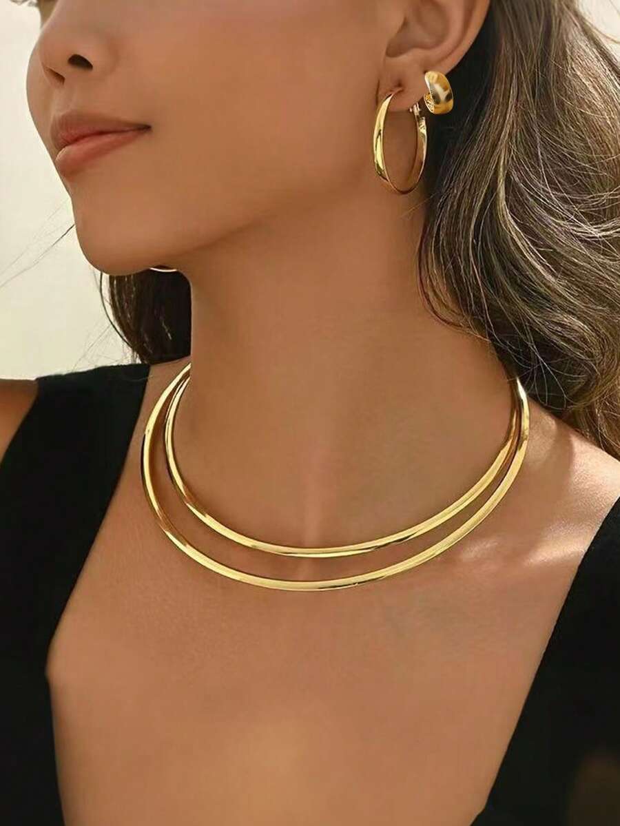 Bộ 5 chiếc/Bộ vòng cổ choker hai lớp cá nhân hóa phóng đại, hoa tai tròn họa tiết tối giản, hoa tai đính hạt vàng nhỏ, bộ trang sức thời trang phù hợp cho trang phục hàng ngày của phụ nữ, hẹn hò, kỳ nghỉ, tiệc tùng, có thể làm quà tặng cho bạn bè - Nhiều màu - Xem 1