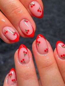 24Pcs Chic French Cherry Blossom Press-On Nails Set - Glossy Red Almond Shape, Short Length, Fruit Design For Women & Girls Nail Supplies Nails - 彩色 - 查看 2