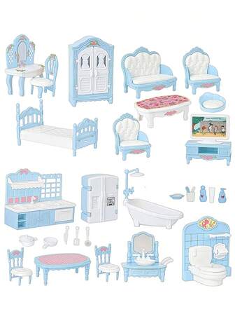 儿童过家家逼真蓝色/粉色家具玩具套装，娃娃屋装饰，模拟客厅、厨房、卧室、浴室场景，适合男孩和女孩的生日和圣诞节礼物