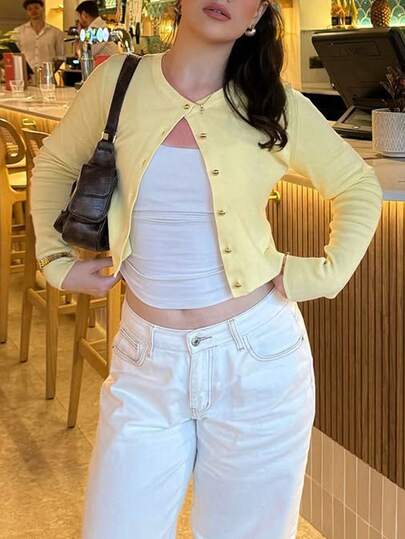 Nuevo cárdigan de punto para mujer de primavera/verano, estilo minimalista casual, cuello redondo de manga larga, diseño de botones de seta, cárdigan abierto amarillo, adecuado para uso casual diario, ir al trabajo, salir, citas de vacaciones