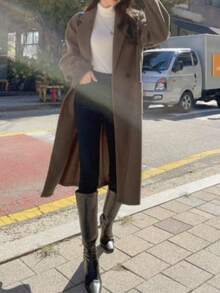 Women's Autumn Double Pocket Lapel Double Row Button Top Mid Length Jacket - Mocha Brown - View 5