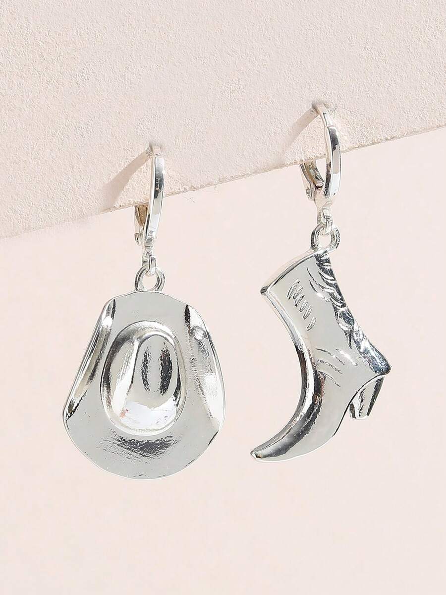 1 Set Western Style Asymmetric Boots, Hat, And Earrings