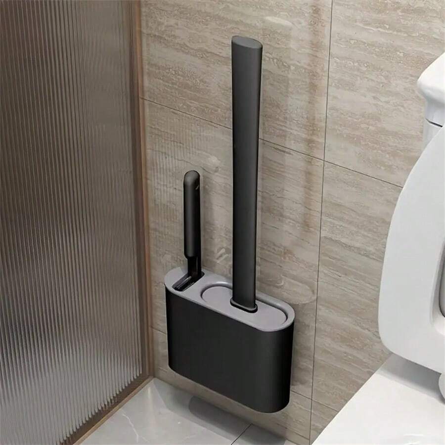 1pc Durable Black Silicone Toilet Brush With Wall Mount Storage Holder - Flat Head Design, Suitable For Bathroom And Kitchen Cleaning, Easy Hanging Storage, Bathroom Cleaning Tool | Modern Bathroom Accessory | Sturdy Silicone Toilet Brush And Holder, All Season Use, Bathroom Cleaning Tool, Bathroom Essential, Toilet Cleaning Tool, Cleaning Product, Toilet Cleaning Product