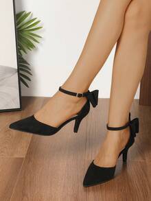 Black Satin Bow Pointed Toe High Heel Shoes For Women, Essential For Holidays, Spring/Autumn - Black - View 2