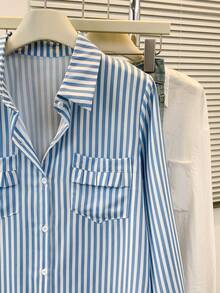 女式条纹翻领衬衫，带口袋，长袖纽扣衬衫，适合秋冬春季商务休闲、办公室、家居和日常穿着 - 藍色 - 查看 5