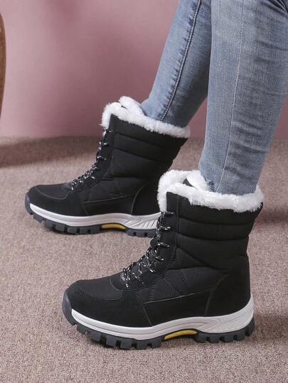 Women's Fashionable Black Snow Boots, Lightweight Waterproof Warm High-Top Snow Boots Men's Boots, Cold-Resistant Outdoor Shoes, Front Zipper Fur Collar High-Top Plus Size Solid Color Boots Unisex Couple Shoes, Sizes 36-45