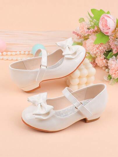 Girls' Fashion White Bow Decor Formal Dress Shoes, Suitable For Occasions Like Weddings, Parties, Performances, Dances, Suitable For Toddlers, Little Girls, And Big Girls
