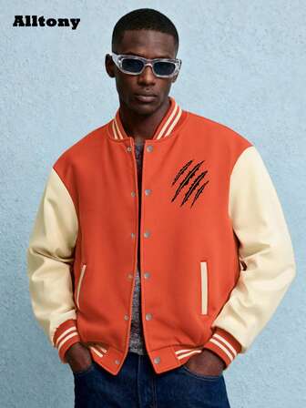 Alltony Men's Autumn/Winter Personalized Printed Long Sleeve Pocket Baseball Jacket Coat, Contrast Color Casual Sports Outerwear Suitable For Street, Jogging, Travel, Outdoor, Commute, Camping, Holiday