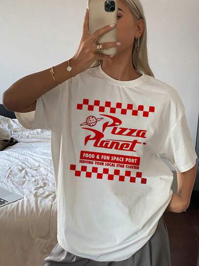Camiseta Estampada Mujer Diseño Espacial con Pizza Planet,Comida & Diversión en Puerto Espacial para Servir a tu Grupo Estelar Local,Algodón Suave y Cómoda,Ideal para Aventuras Galácticas