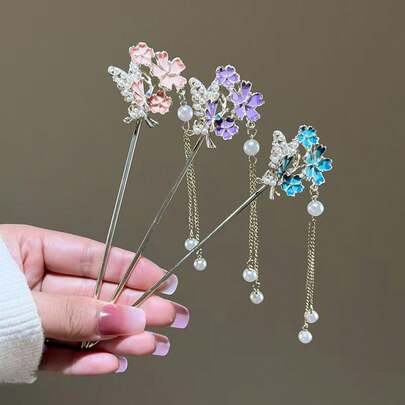 Vintage Alloy Hair Clip, Sakura Butterfly Decor Hair Accessory With Pearl & Tassel, Retro Elegant Hair Ornament, Bun Extension, Pins For Hair