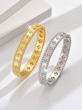 奢华优雅铜镶嵌锆石四叶草手镯，时尚百搭高端女士手镯