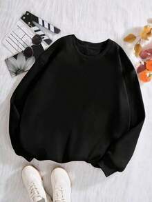 Solid Drop Shoulder Thermal Lined Sweatshirt,Long Sleeve Tops Graduation,Back To School Outfits,Graduation,Teacher Outfits For Women,Back To School Pullover Fall Outfit-New Autumn/Winter Collection: Unisex Loose-Fit Cotton Blend Long-Sleeve Crew Neck Sweatshirt - 黑色 - 查看 5