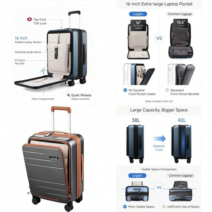 Carry On Luggage 22x14x9 Airline Approved FLO5 Expandable Polycarbonate Suitcase With Front Pocket FX-Core Brown-Black 20 Inch - 棕黑色 - 查看 1