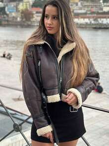 优雅女士仿皮夹克，翻领带口袋和拉链，时尚街头风女士新款夹克 - 摩卡棕 - 查看 2