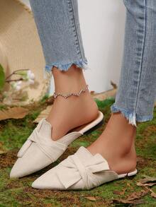 米色穆勒鞋，尖头女式露背乐福鞋，蝴蝶结装饰，优雅百搭的一脚蹬平底鞋 - 米色 - 查看 3