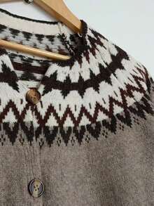 Women's Knitted Long Sleeve Regular Length Ribbed Knit Sweater With Fair Isle Pattern Cardigan - Maroon - View 6