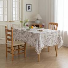 Designer Grey Tablecloth For Square Tables,Fringed Edges With Leaves And Birds Pattern Tablecloths,Farmhouse Floral Table Cover Cloth Drative For Kitchen Dining Room,59"X 86",24897020 - Light Blue - View 2