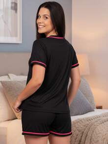 Women's American Blogger Pajamas With Buttons Super Comfortable Breastfeeding Promotion - 黑粉紅色 - 查看 4