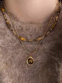 1件/套 复古优雅多层虎眼石吊坠项链，女士双层锁骨链首饰套装，日常佩戴和派对时尚配饰，闺蜜礼物（天然石色及圆形/方形珠子数量和形状随机） - 彩色 - 查看 4