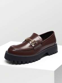Women Loafers With Metal Buckle Platform Chunky 1.45 Inch Heel Slip-On Slip-Resistant Loafers Comfortable Classic Versatile Work Casual Preppy Shoes - màu nâu - Xem 4