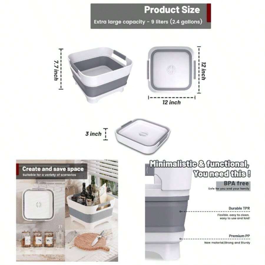 Collapsible Dish Basin With Drain, 9L2.4Gal Capacity, Space Saving Portable Sink Bottle, Kitchen, Camping RV, Gray - Xám - Xem 1